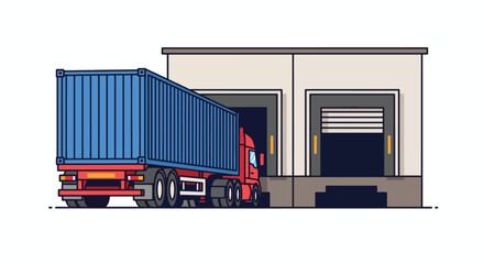 Streamlined Logistics: Semi-Truck with Blue Container Docked at Warehouse Bay