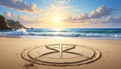 Peaceful Beach Sunrise with Sand Symbol.