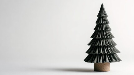 A minimalist black miniature Christmas tree in Scandinavian style on a clean white background with soft lighting.