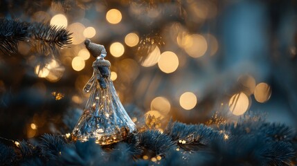 A close-up of a glass ornament figurine on a fir branch with warm bokeh lights and cinematic composition.