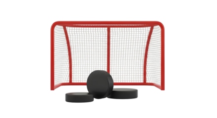 Red hockey goal net with white mesh and three black pucks in front isolated on a transparent background