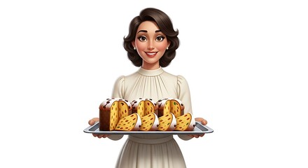 Woman carrying a tray with panettone.
