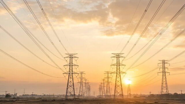 High Voltage Power Lines at Sunset &ndash; Energy Infrastructure and Electricity Transmission
