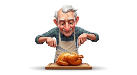 Old man in apron carving a Christmas turkey (cartoon)