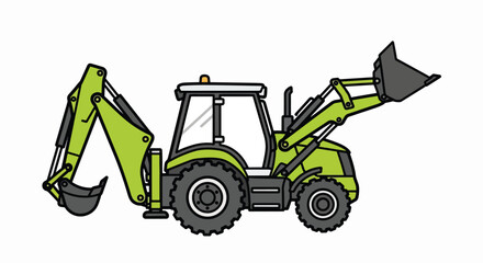 Bright Green Backhoe Loader Flat Illustration - Essential Construction Vehicle