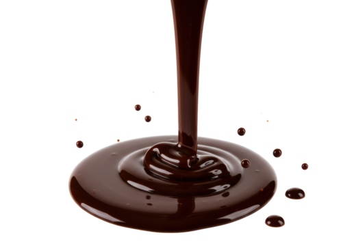Thick, glossy dark melted chocolate sauce pouring downwards, forming a decadent pool with scattered drops, isolated on a transparent studio background, close-up, macro shot concept for luxury dessert