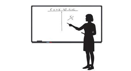 White outlines form a chalkboard scene with teacher. Education concept for poster, branding, or presentation.