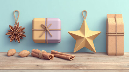 Christmas eco friendly sustainable green energy gift boxes and star ornament with natural decoration create joyful festive mood