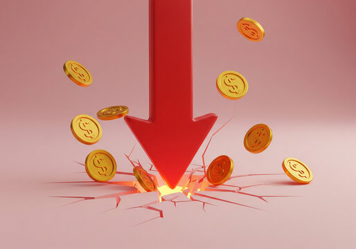 Red arrow hitting ground with dollar coins financial decline