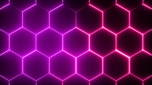 Glowing neon line Wall of Random shifted neon honeycomb hexagon HUD. Abstract Colorful Glowing neon line Wall of Random shifted neon honeycomb hexagon background metaverse, hexagon technology