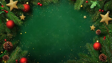 christmas-themed green background with golden stars and red christmas ornaments, fir branches along the edges, space for text, green background, christmas decoration