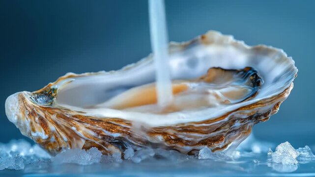 An open oyster shell on ice with a stream of liquid pouring into it