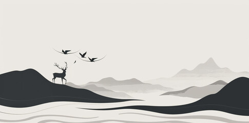 Minimalist black and white ink wash style landscape featuring a deer silhouette on a hill with birds flying over layered mountains and water