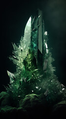 A towering, jagged formation of glowing emerald green crystal shards erupting from a dark, mossy base against a deep black background