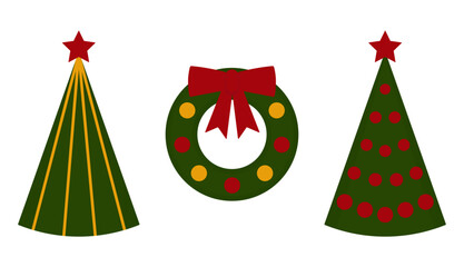 Set of Christmas symbols isolated on a white or transparent background. A tree with a decoration and a red star and a green Christmas wreath with balls and a red bow. Vector illustration.