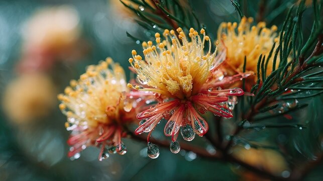 Close-up macro shot of native Australian wildflowers eg Banksia Grevillea with dew drops soft natural background botanical focus in Australia