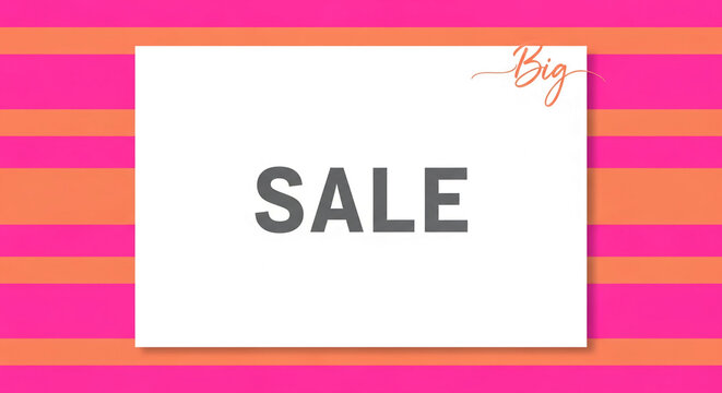 Image of bold text "SALE" over white rectangle, showcasing "Big" in script. Background with horizontal pink and orange stripes, presenting special offer - Powered by Adobe
