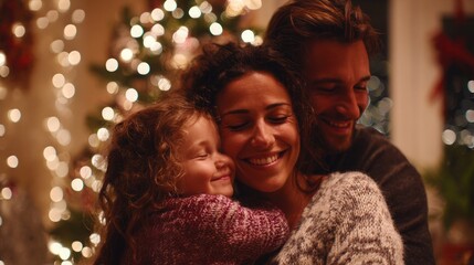 A father and mother hugging a child against the backdrop of a Christmas tree.