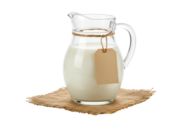 Crystal clear glass pitcher, overflowing with rich white milk, jute twine, empty rustic tag, on brown burlap, isolated on bright white background, high-key studio, natural dairy abundance concept