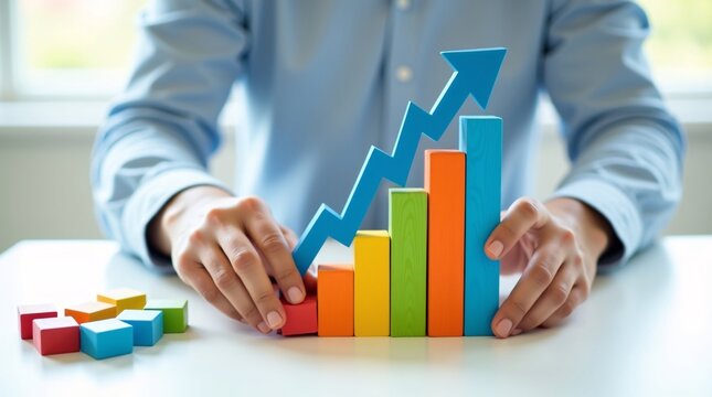 A person arranging colorful wooden blocks into a bar graph with a blue upward arrow, symbolizing business growth or progress. - Powered by Adobe