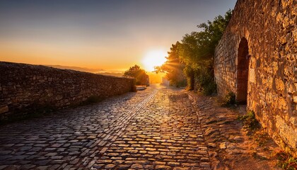 golden sunrise illuminates cobblestone lane casting warm light on ancient stone walls and serene early morning ambiance