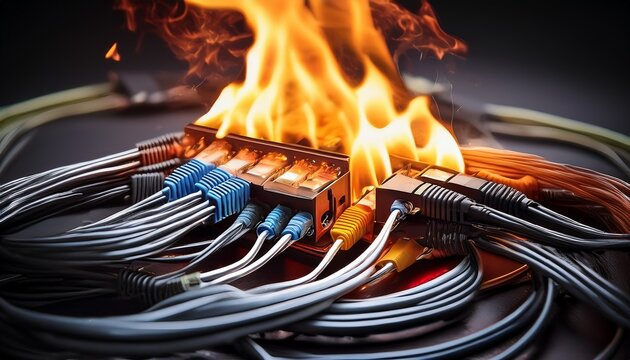 intense blaze engulfing network cables and connector symbolizing electrical hazard and system failure