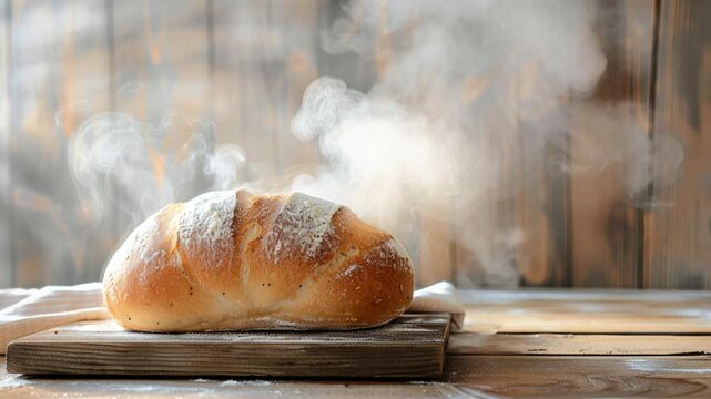 golden-brown loaf of bread sits on wooden cutting board, steam rising, evoking warm, comforting atmosphere, rural lifestyle, simple pleasures, and delicious aroma, cozy lifestyle