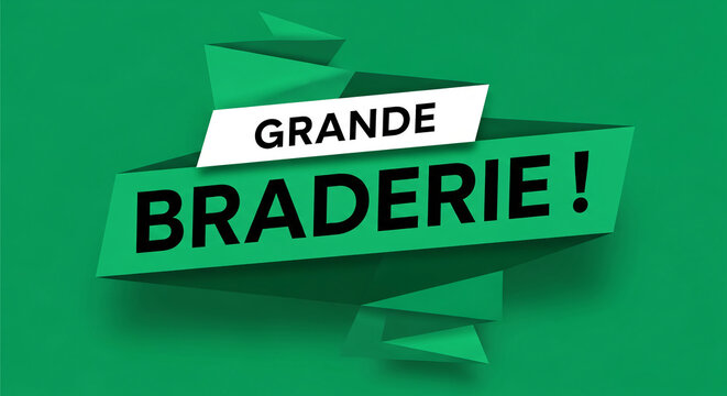 Geometric, green and white ribbon with black text. Represents sale or discount event, and attracts attention using vibrant design and bold type