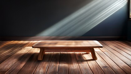 rustic wooden coffee table on hardwood floor with dark wall background and sunlight beams