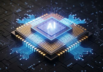 Close up of a glowing ai chip with blue light connections on a dark circuit board background