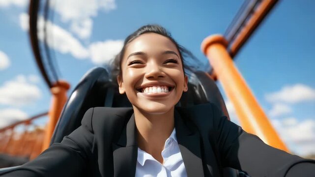 happy smiling business woman in a suit enjoying a thrilling roller coaster ride on a sunny day