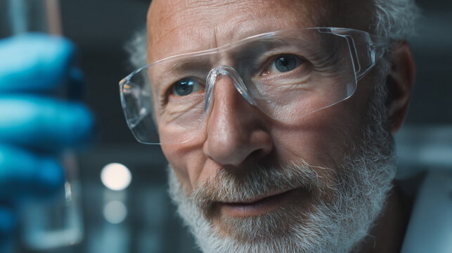 Close up of a senior scientist in safety glasses examining a test tube in a laboratory