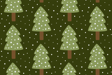 Cute pattern with fir trees and snow on a green background. Vector hand-drawn illustration, flat style. Perfect for holiday and season designs, cards, decorations, wallpaper, wrapping paper, textile.