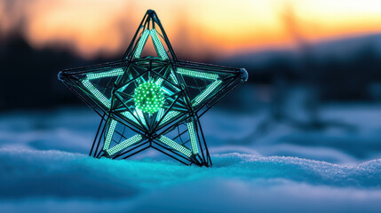 Christmas eco friendly sustainable green energy star glows on snow at sunset creating festive and environmentally conscious atmosphere