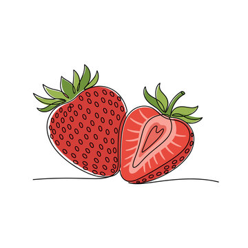 Minimalist continuous line art illustration of two fresh red strawberries, one whole and one cut in half, on a clean white background.