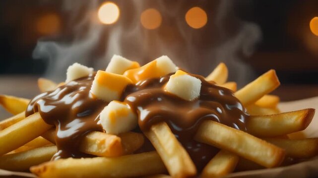Poutine with French Fries, Cheese Curds, and Rich Brown Gravy stock photo
