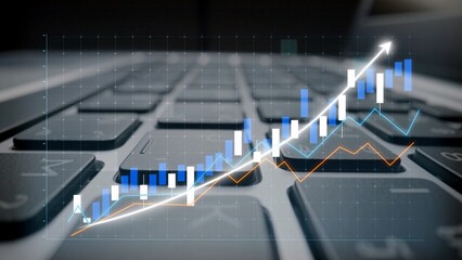Close-up of a modern keyboard with digital graphs displaying financial data trends, capturing the intersection of technology and business analytics for growth insights. Copula