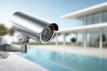 Motion detection security camera mounted on modern suburban house, overlooking pool area, enhancing safety and surveillance in upscale neighborhood