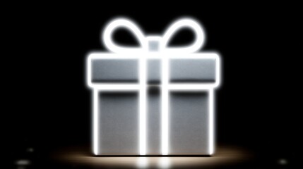Glowing present with elegant neon outline standing on a reflective surface, creating a captivating and upscale atmosphere for celebrations