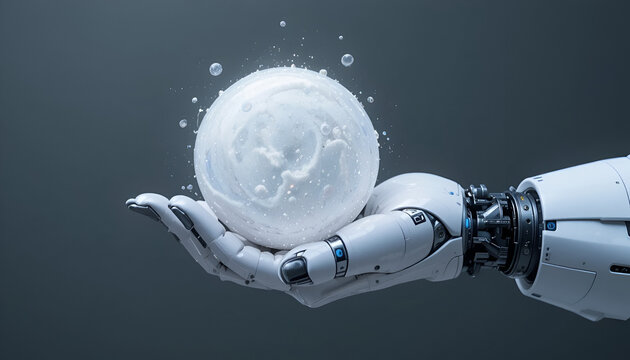 Robot hand holding a white sphere with water droplets against a gray gradient background