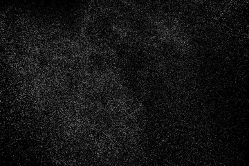 Fototapeta premium Snow flakes falling isolated. White snowflakes on black background. Distressed white grainy pattern texture. Dust overlay textured. Grain noise particles. Vector illustration, EPS 10.