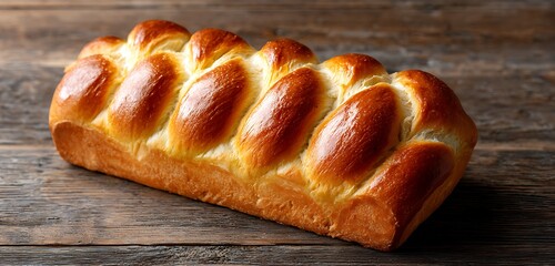 A golden challah bread loaf with a braided design, placed on a rustic wooden table