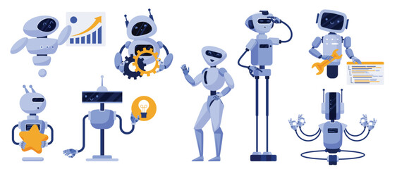Chatbot set with AI characters with various gestures and objects. Blue advanced robots answer and help customers online, bots with diagram and review code, gear and star cartoon vector illustration