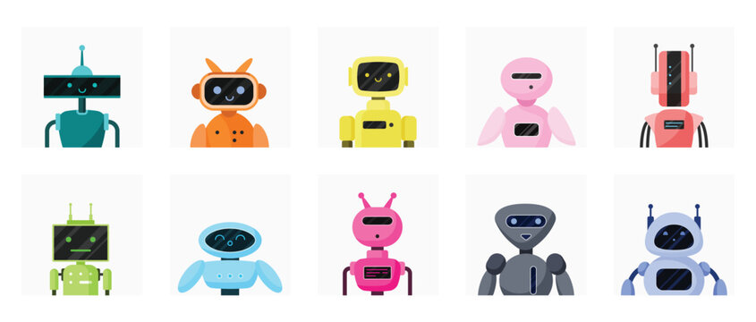 Chatbot cute avatars in different colors set. Funny portraits of bots in GPT chat and virtual assistants, simple robots with faces of circle, rectangle and triangle shape cartoon vector illustration