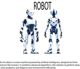 Futuristic Robot Vector Illustration &mdash; AI Humanoid Machines with Blue Accents and Bold Text for Technology Concepts