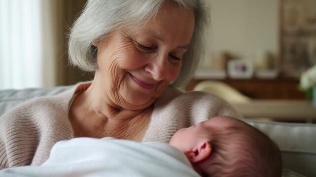 Affectionate grandmother holding her newborn grandchild