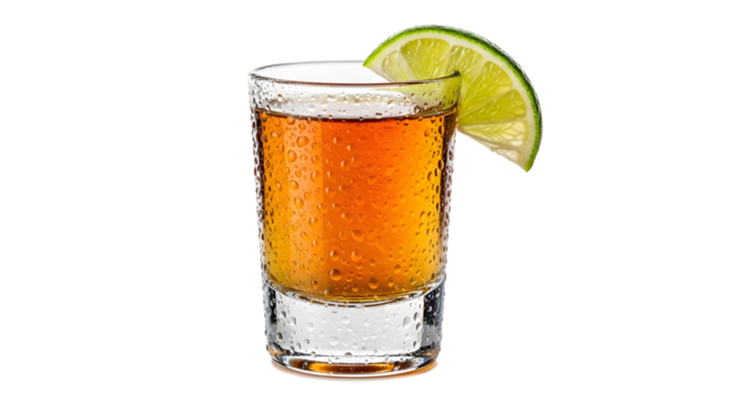 Shot glass filled with amber liquid and a lime wedge garnish isolated on a transparent background condensation