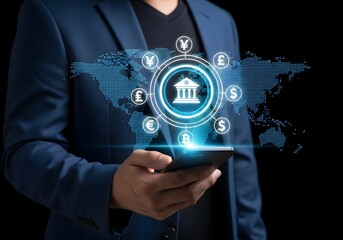 Man holding phone with digital interface showing global finance and currency symbols overlaying world map