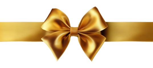 Golden satin ribbon tied into a decorative bow on a white background.