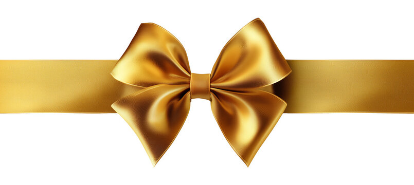Golden satin ribbon tied into a decorative bow on a white background.